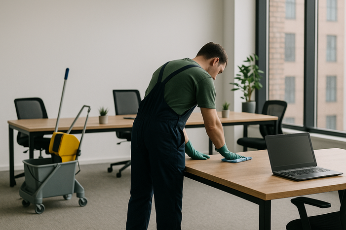Agent effectuant le nettoyage d'un bureau moderne à Bruxelles